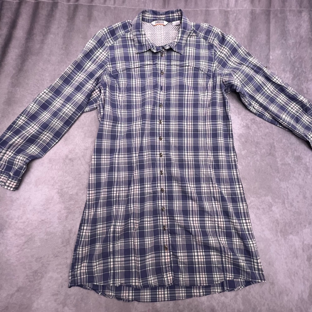 Orvis Plaid Shirt Dress Womens L Blue White Excellent Roll Tab Mesh Back Yoke